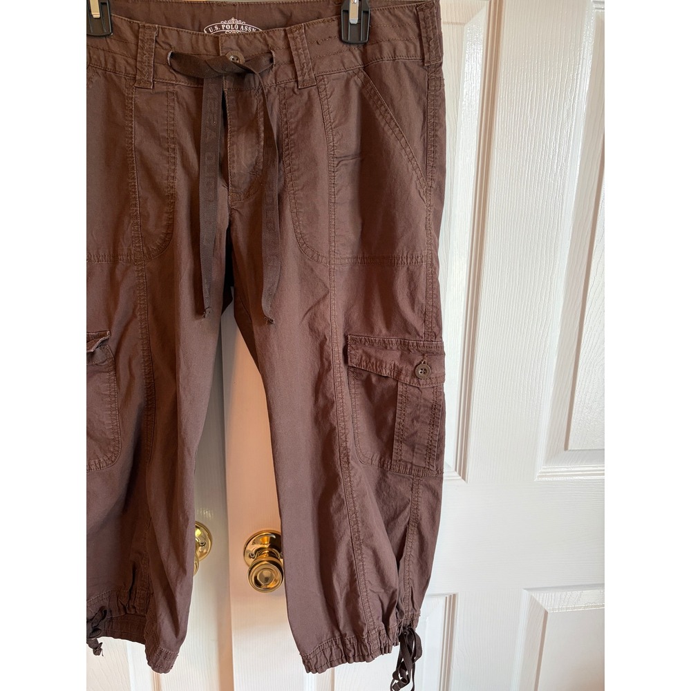 US Polo Assn Brown Cargo Capri Womens 14 Y2K Vintage Drawstring Crop Pockets - Picture 2 of 5